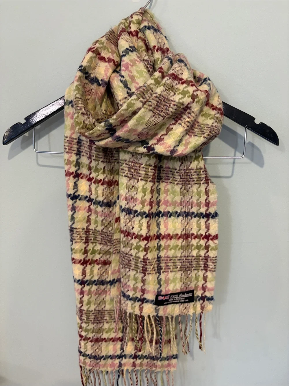 Cashmere Beige Plaid Fringe Scarf with Multi-Color Accents - fall staple